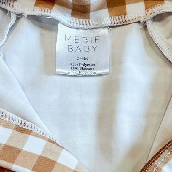 Mebie Baby Brown White Short Sleeve Gingham One Piece Rashguard Swimsuit 3-6M - Picture 2 of 5